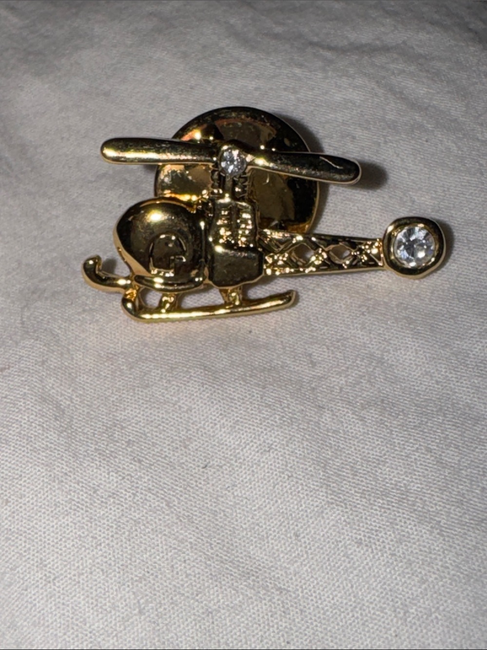 Gold-tone Helicopter Lapel Pin - Tie Tack with Clear Rhinestones